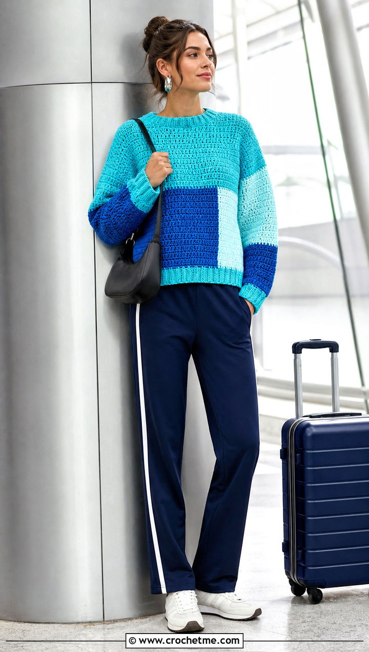 Color Block Crochet Sweater With Track Pants - 35 easy crochet sweaters outfit ideas