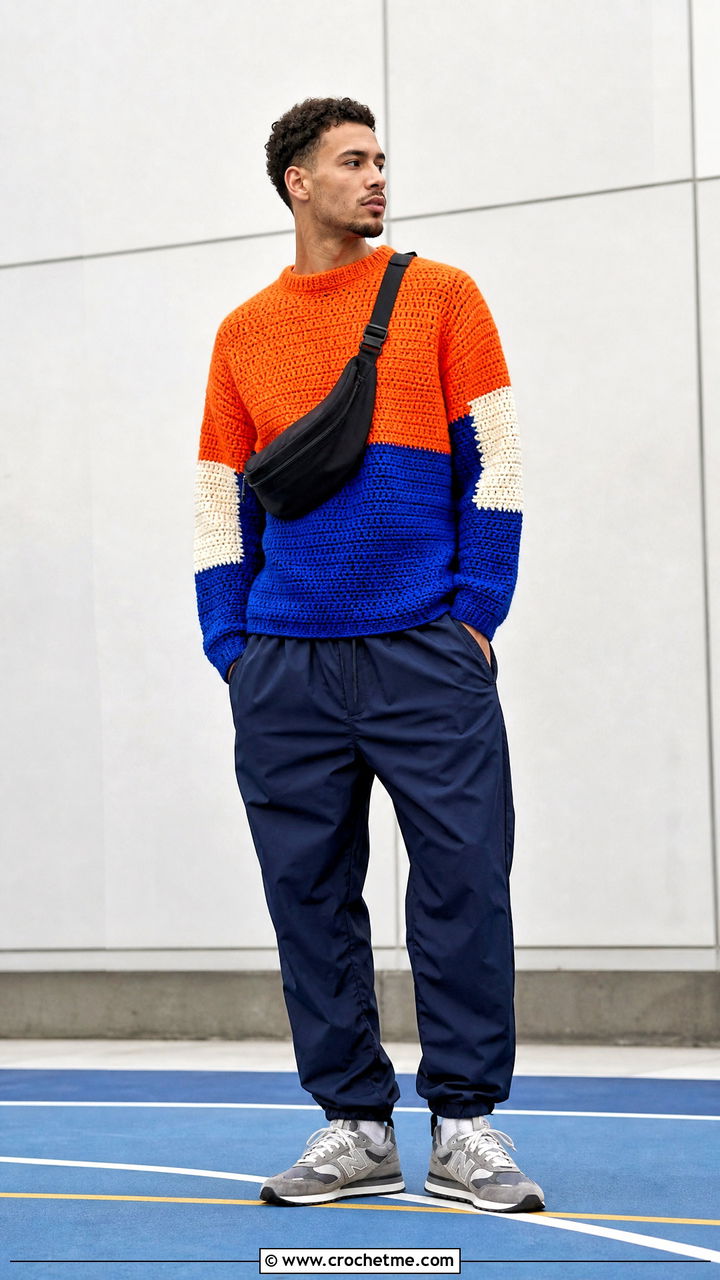 Color Block Crochet Sweater With Track Pants - 35 men crochet sweater outfit ideas
