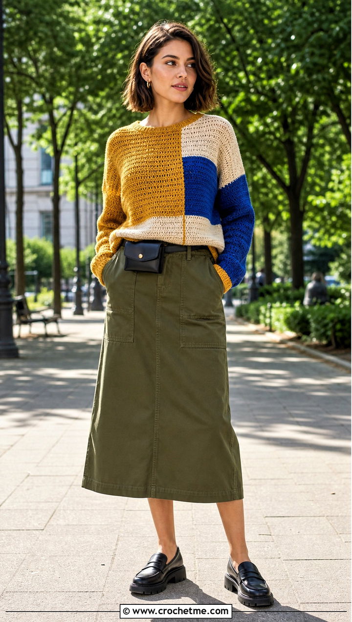 Color Block Crochet Sweater With Utility Midi Skirt - 25 Patterned Crochet Sweater outfit ideas