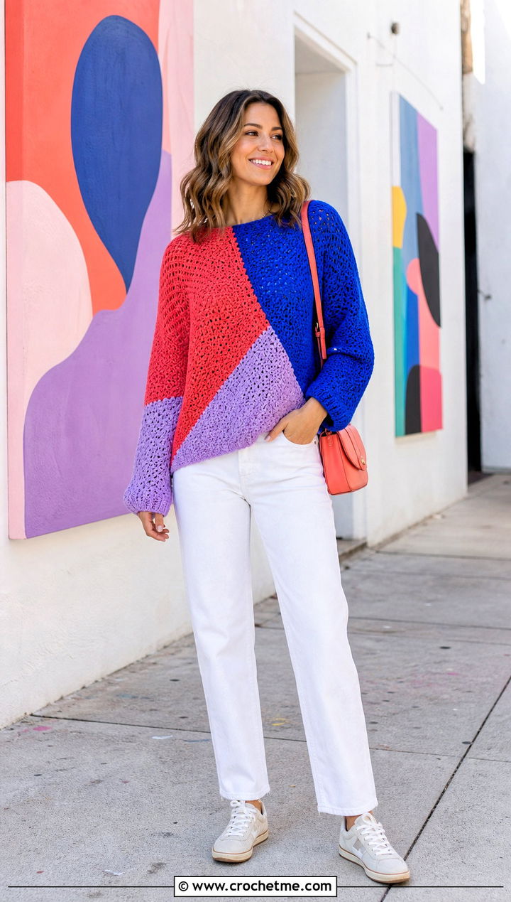 Color Block Crochet Sweater With White Jeans - 25 Woman Crochet Sweater outfit ideas