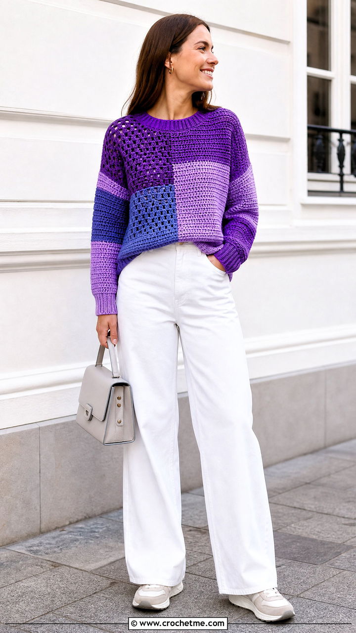 Color Block Crochet Sweater With White Jeans - 35 cute crochet sweaters outfit ideas