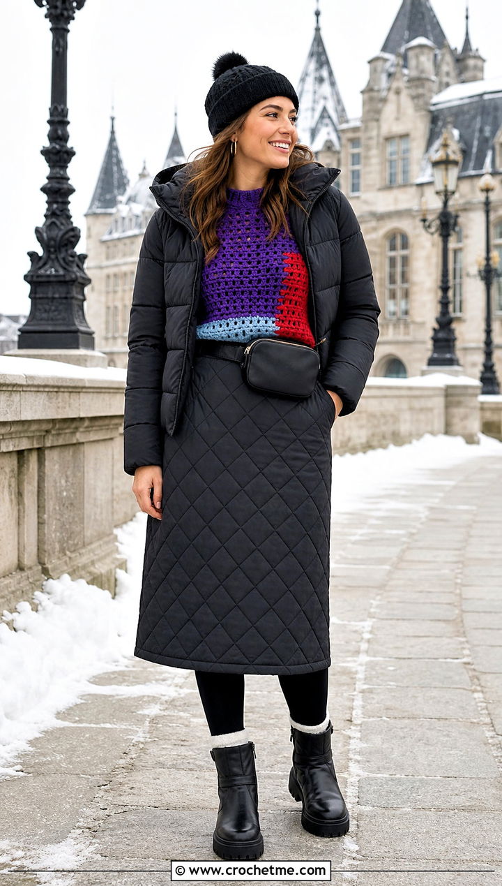 Color Block Crochet Sweater With a Puffer Skirt - 30 crochet winter sweater outfit ideas