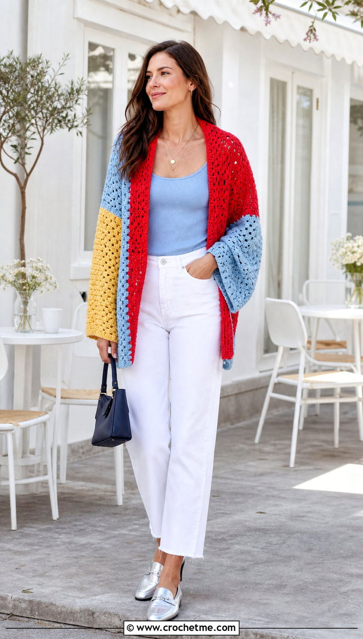 Color Block Crochet Sweater Wrap With White Jeans - 30 crochet sweater wrap outfit ideas