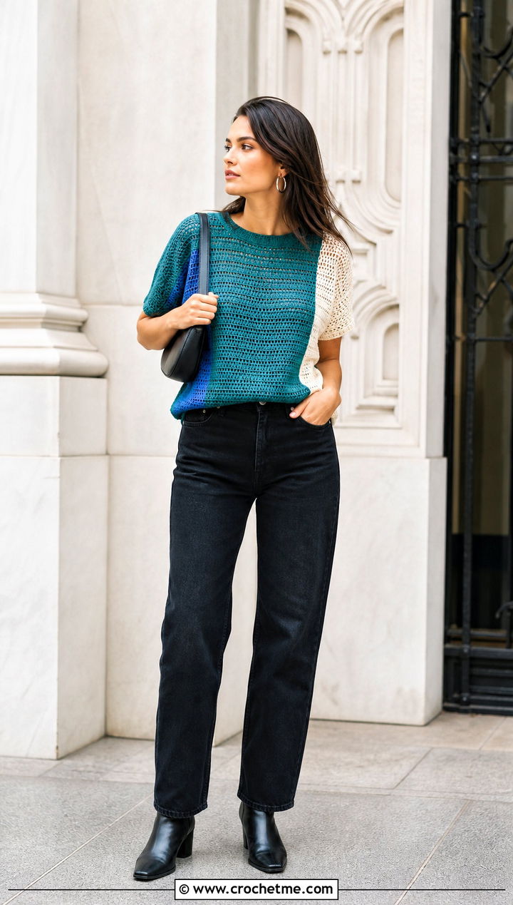 Color Block Crochet T Shirt With Black Jeans - 30 crochet t shirts outfit ideas