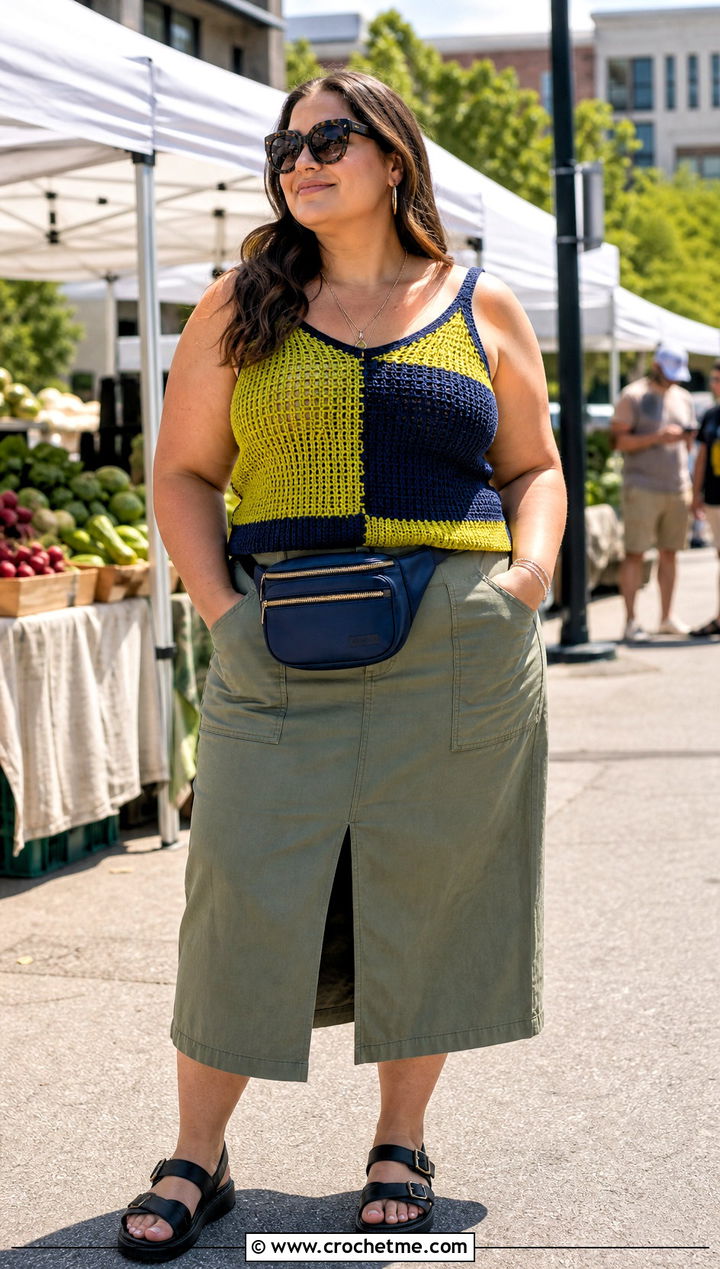 Color Block Crochet Tank Top With A Utility Skirt - 25 plus size crochet tank top outfit ideas