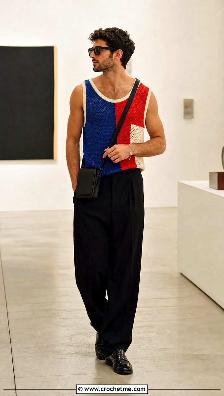 Color Block Crochet Tank Top With Black Trousers - 25 crochet mens tank top outfit ideas