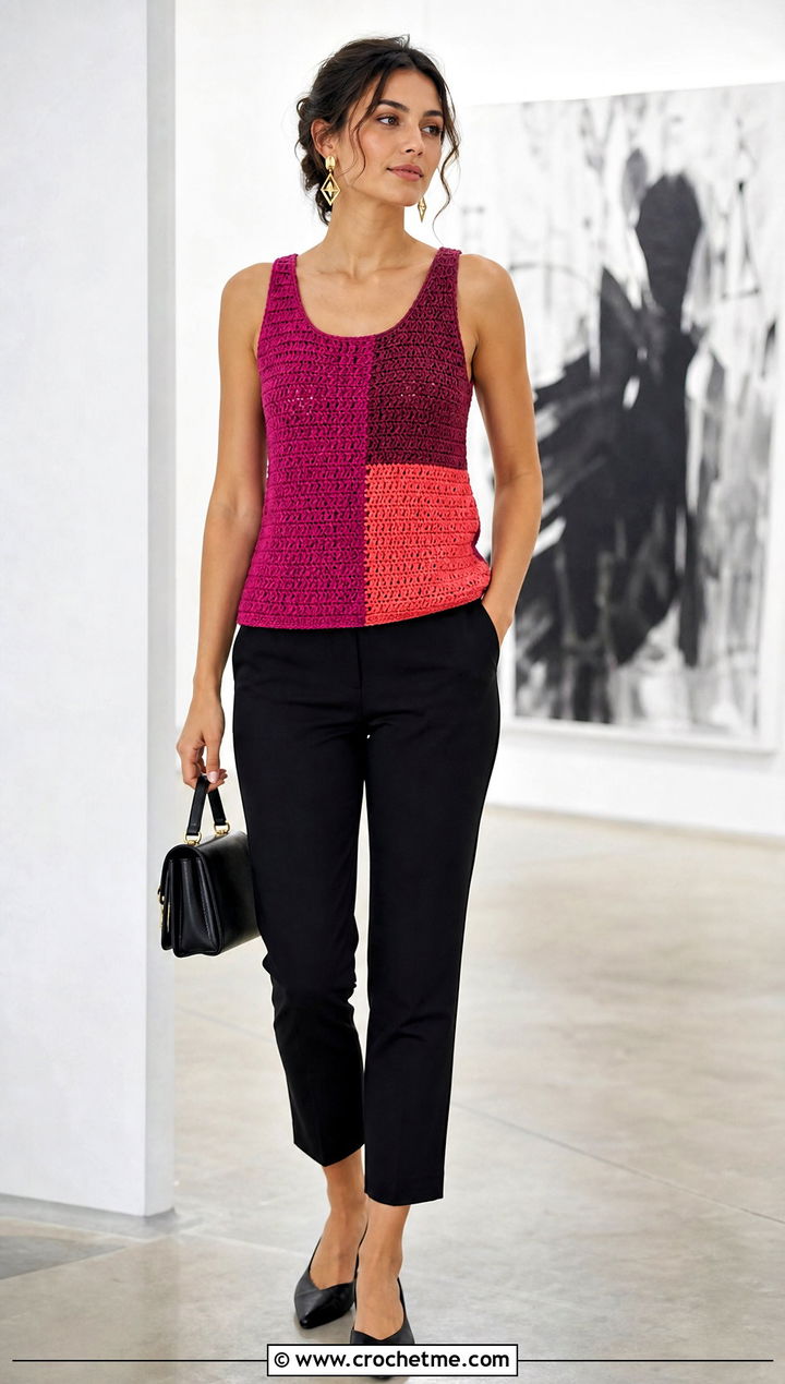 Color Block Crochet Tank Top With Black Trousers - 25 Quick Crochet Tank Top outfit ideas