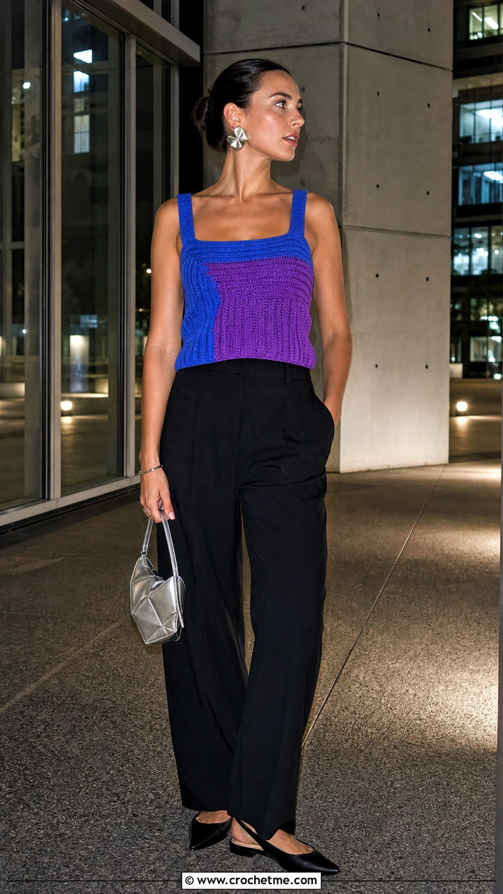 Color Block Crochet Tank Top With Black Trousers - 35 crochet tank tops outfit ideas
