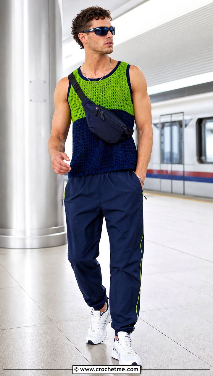Color Block Crochet Tank Top With Track Pants - 30 Mens Crochet Tank Top outfit ideas