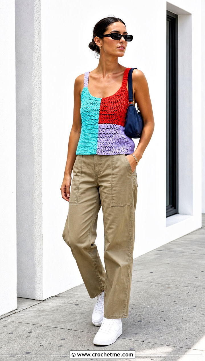 Color Block Crochet Tank Top With Utility Pants - 30 crocheted tank tops outfit ideas