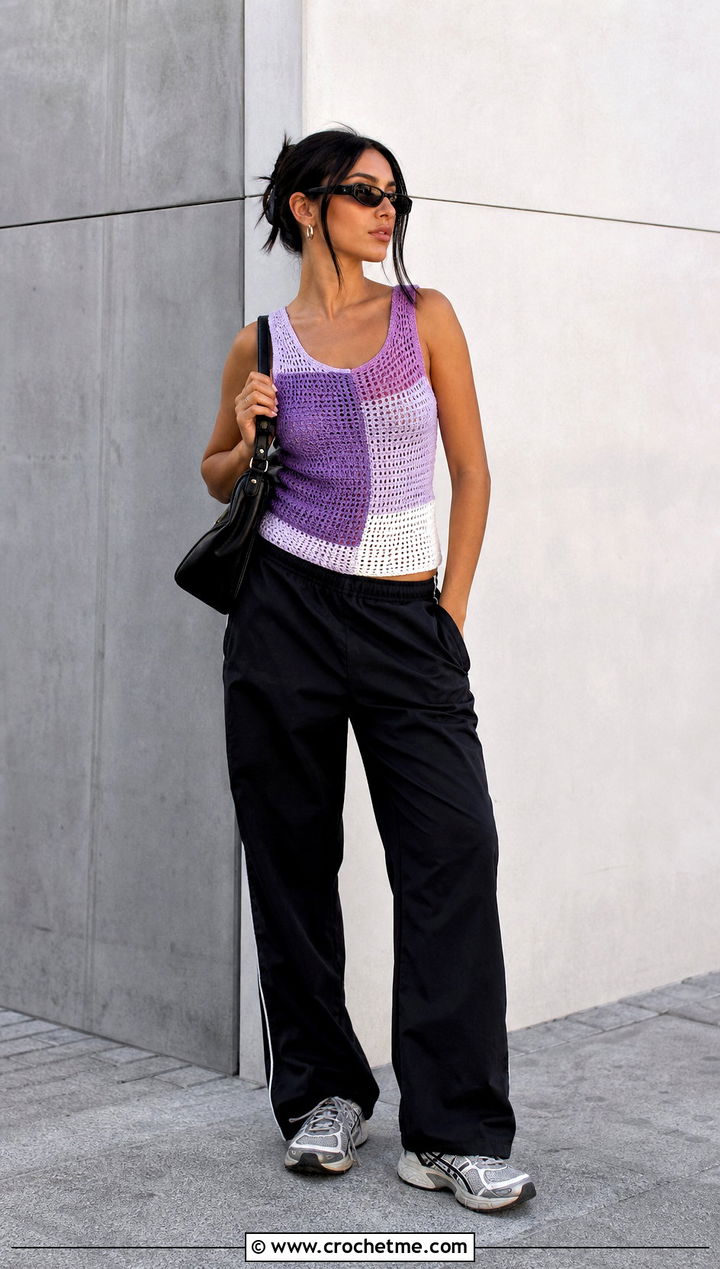 Color Block Crochet Tank With Track Pants - 35 crochet tank outfit ideas