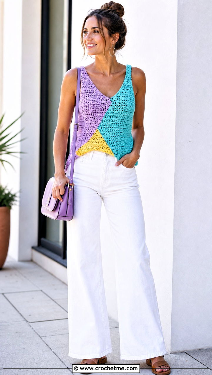 Color Block Crochet Tank With White Jeans - 25 Easy Crochet Projects Top outfit ideas