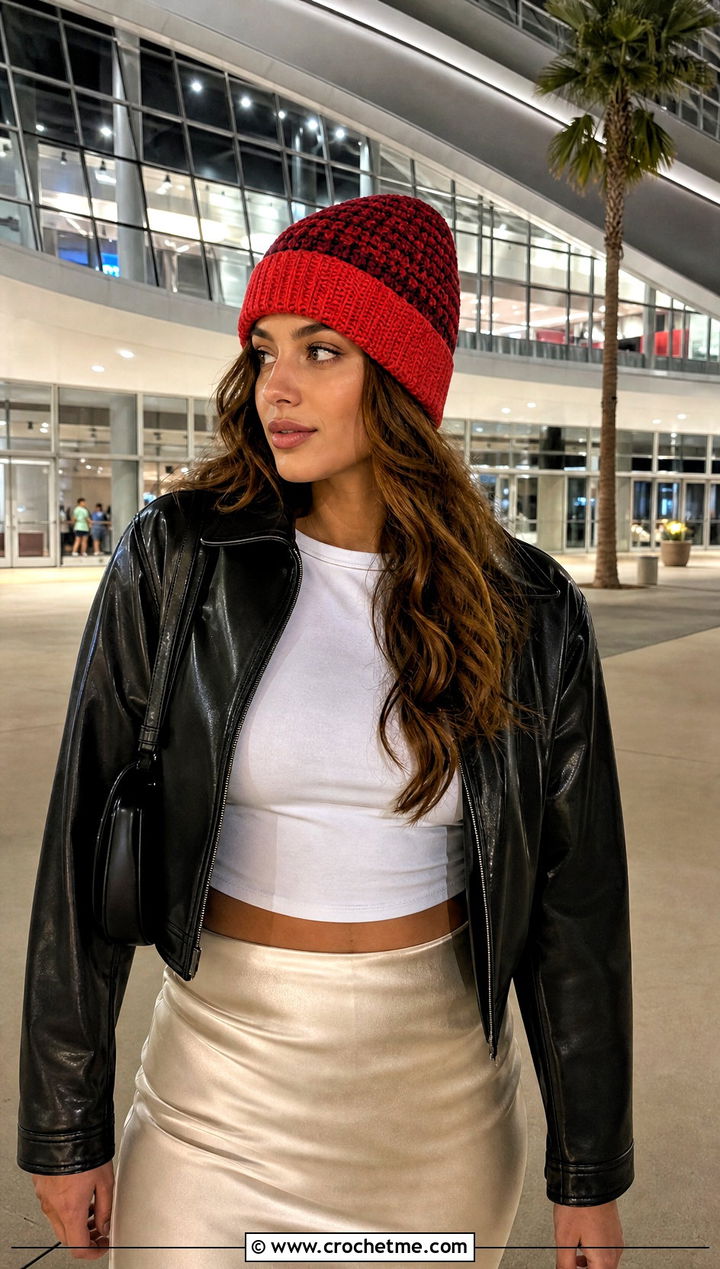 Color Block Crochet Team Beanie With Leather Jacket And Satin Skirt - 20 Crochet Team Hat outfit ideas