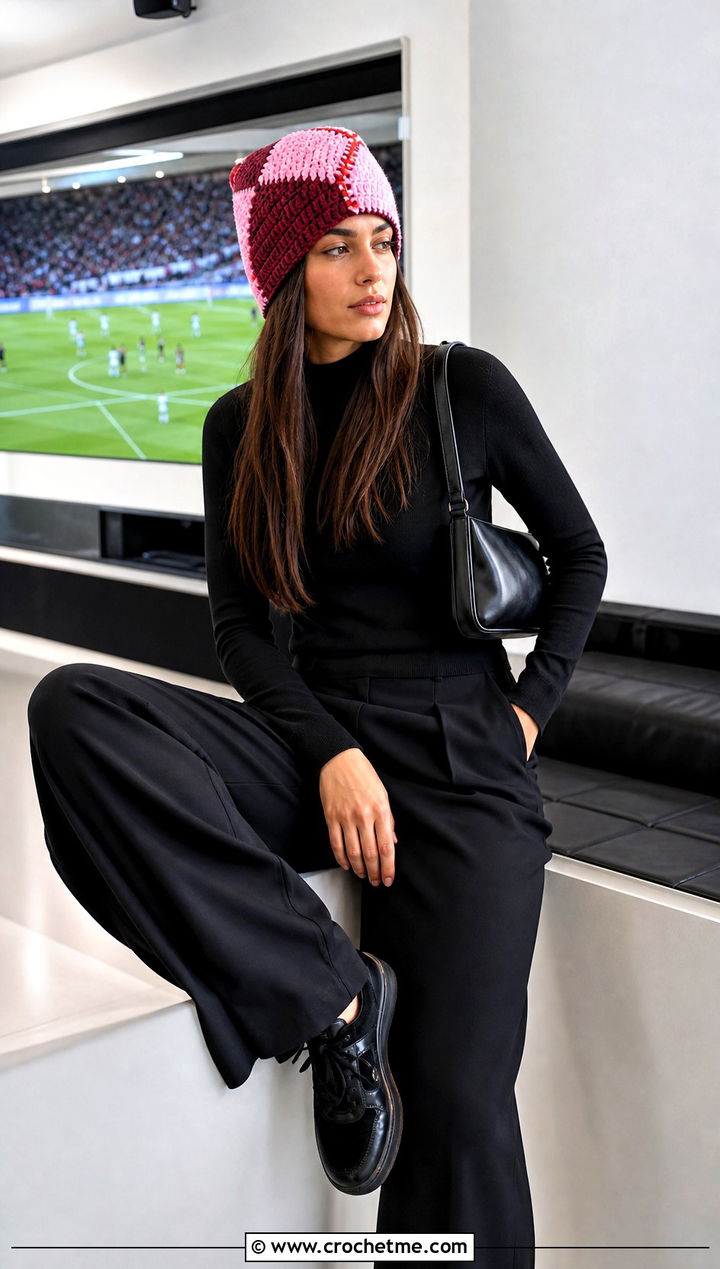 Color Block Crochet Team Beanie With Monochrome Outfit - 15 Crochet Football Team Hat outfit ideas