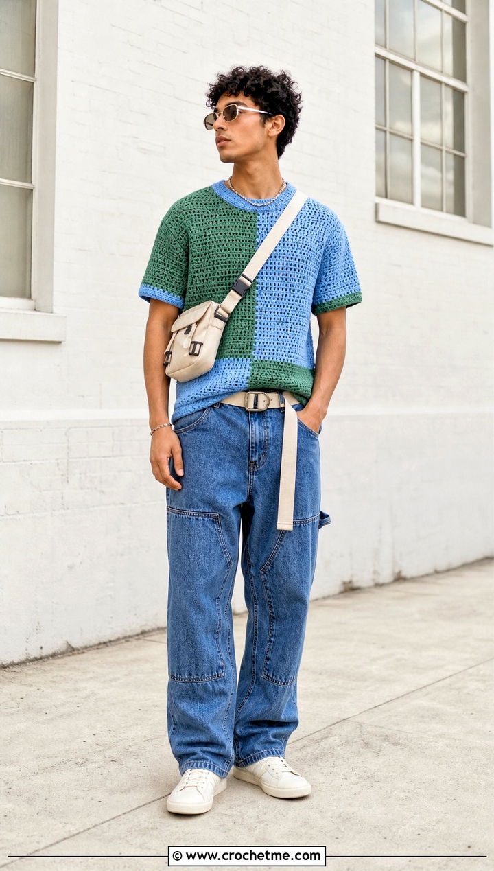 Color Block Crochet Tee With Carpenter Jeans - 30 men crochet top outfit ideas