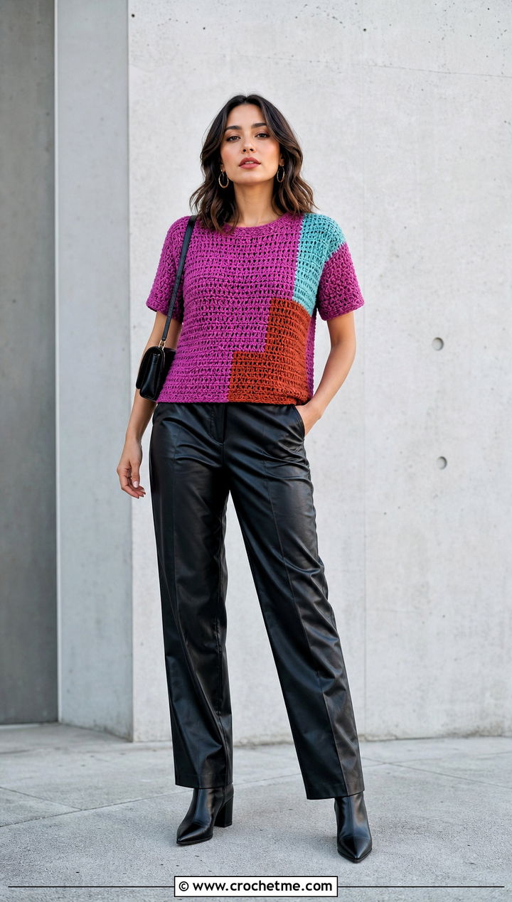 Color Block Crochet Tee With Leather Pants - 25 Crochet Tops For Fall outfit ideas
