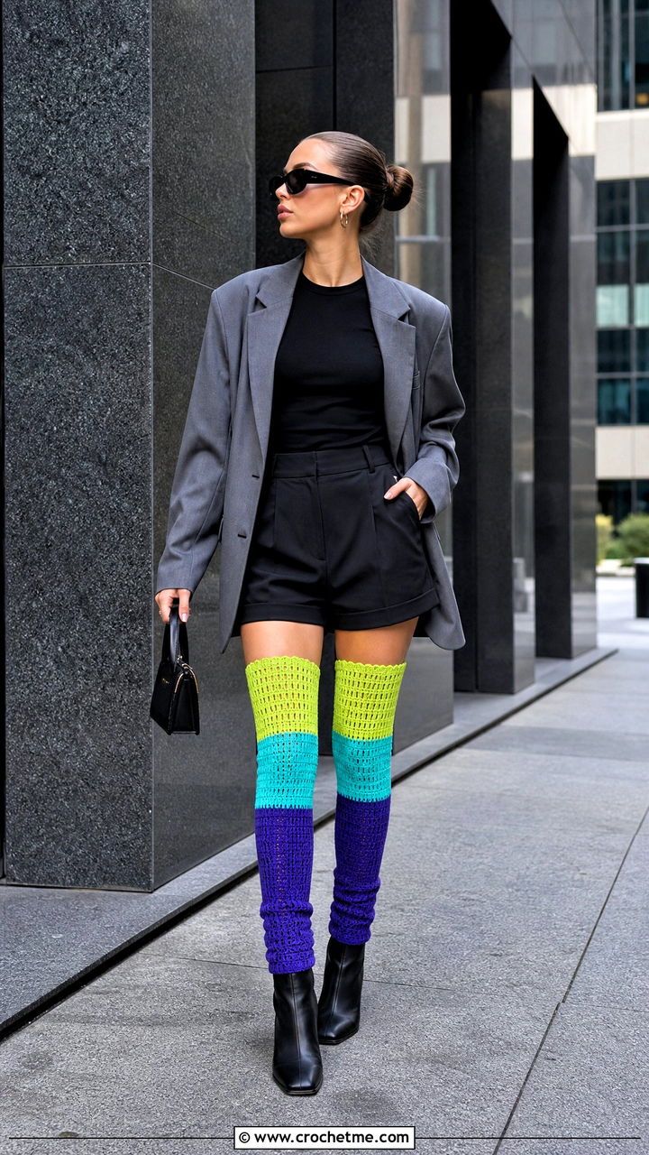 Color Block Crochet Thigh High Socks With Oversized Blazer - 35 crochet thigh high socks outfit ideas