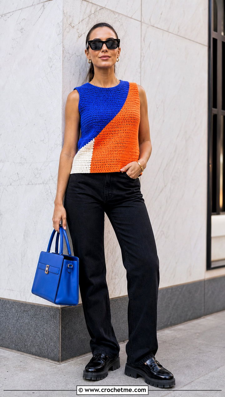 Color Block Crochet Thread Top With Black Denim - 35 crochet thread top outfit ideas