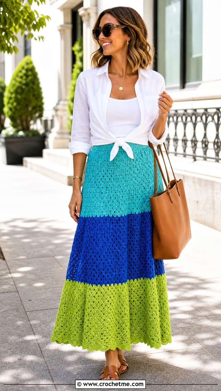 Color Block Crochet Tiered Maxi Skirt With Poplin Shirt - 35 crochet tiered skirt outfit ideas