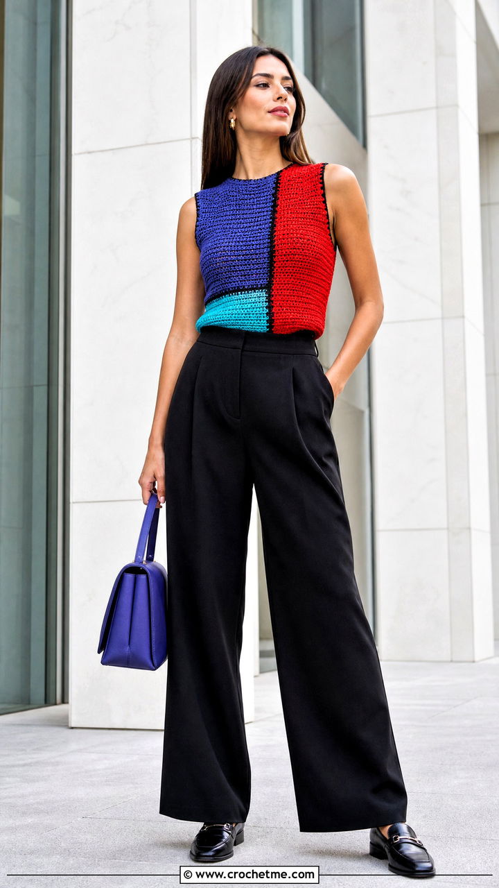 Color Block Crochet Top With Black Trousers - 35 easy crochet tops outfit ideas