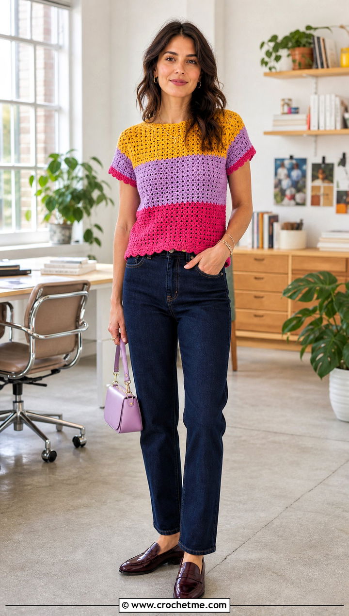 Color Block Crochet Top With Dark Denim - 30 crochet short sleeve top outfit ideas