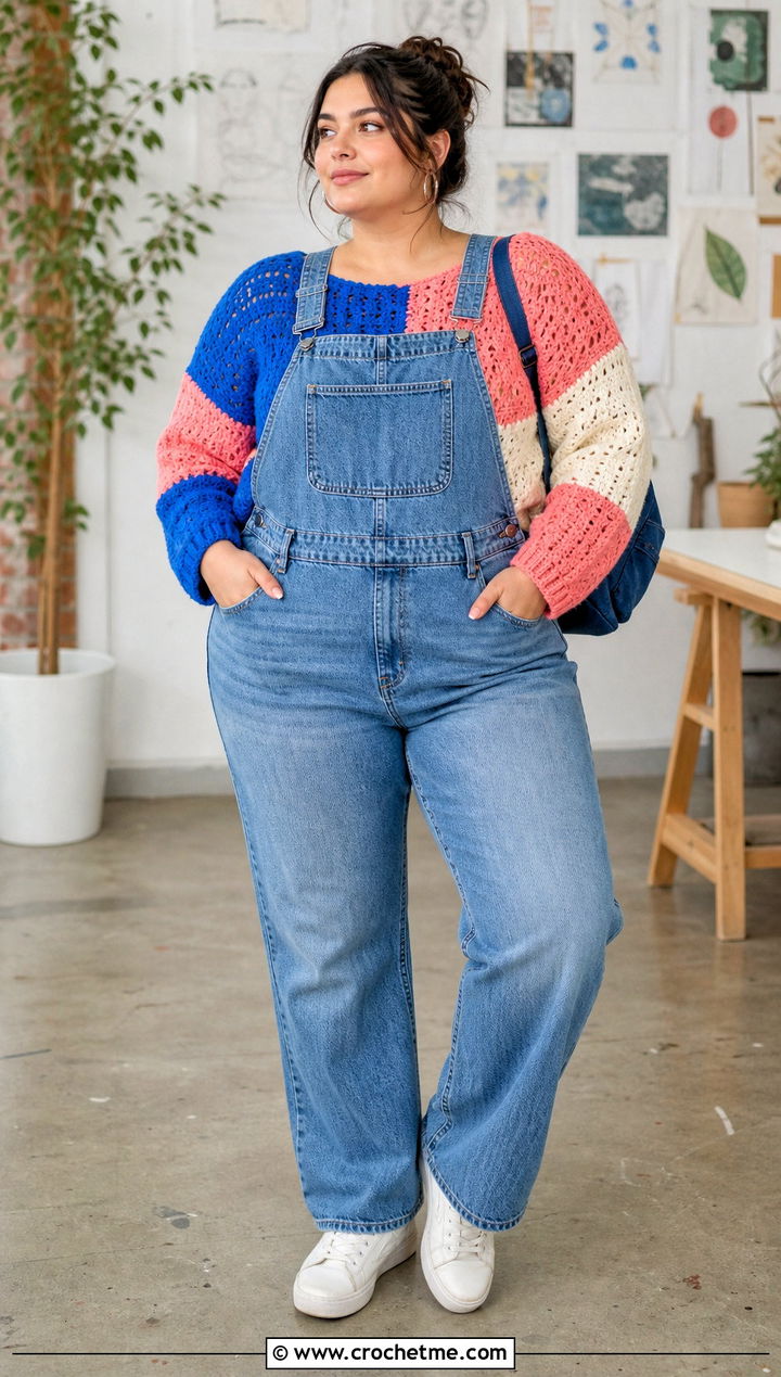 Color Block Crochet Top With Denim Overalls - 25 Xxl Crochet Top outfit ideas