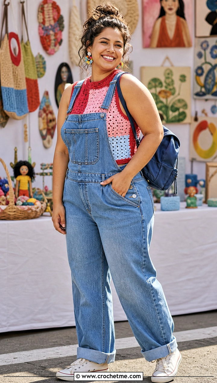 Color Block Crochet Top With Denim Overalls - 25 crochet top for plus size women outfit ideas