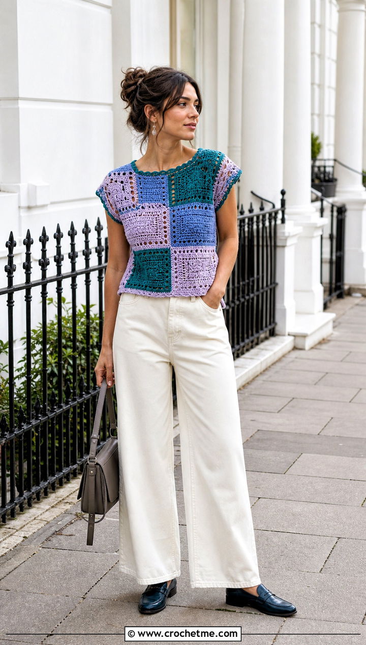 Color Block Crochet Top With Ecru Jeans - 35 Elegant Crochet Top outfit ideas