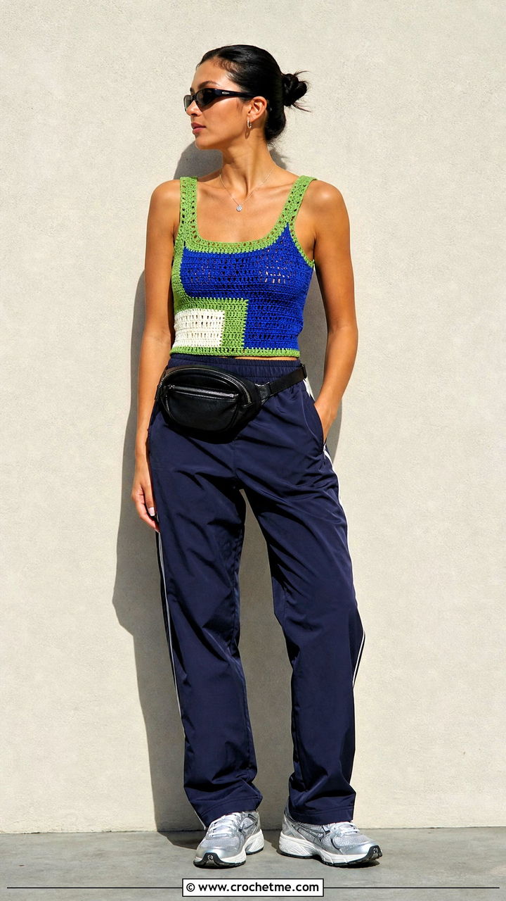 Color Block Crochet Top With Track Pants - 35 crochet tops for summer outfit ideas
