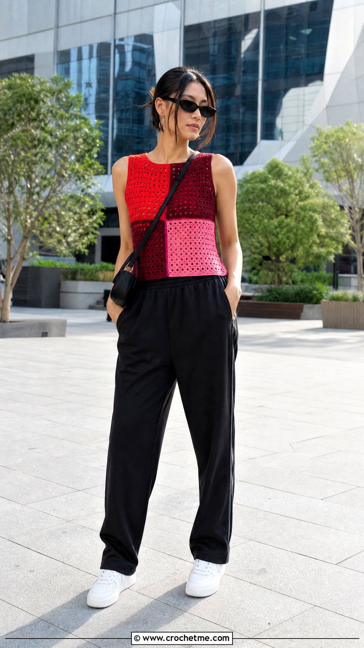 Color Block Crochet Top With Track Pants - 35 Basic Crochet Top outfit ideas