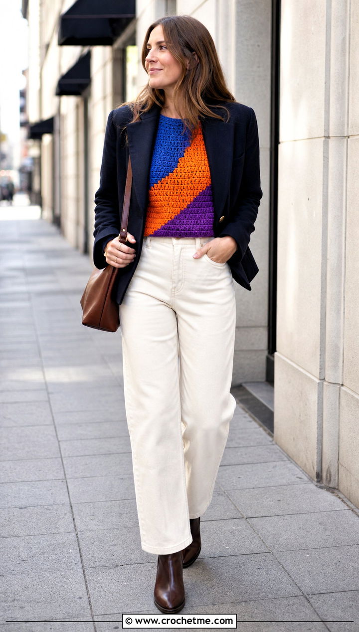 Color Block Crochet Top With White Jeans - 30 crochet fall tops outfit ideas