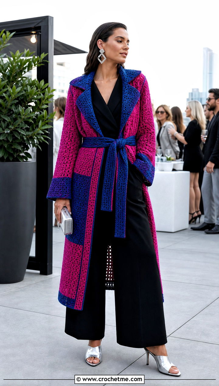 Color Block Crochet Trench Coat With Jumpsuit - 15 crochet coat size m outfit ideas