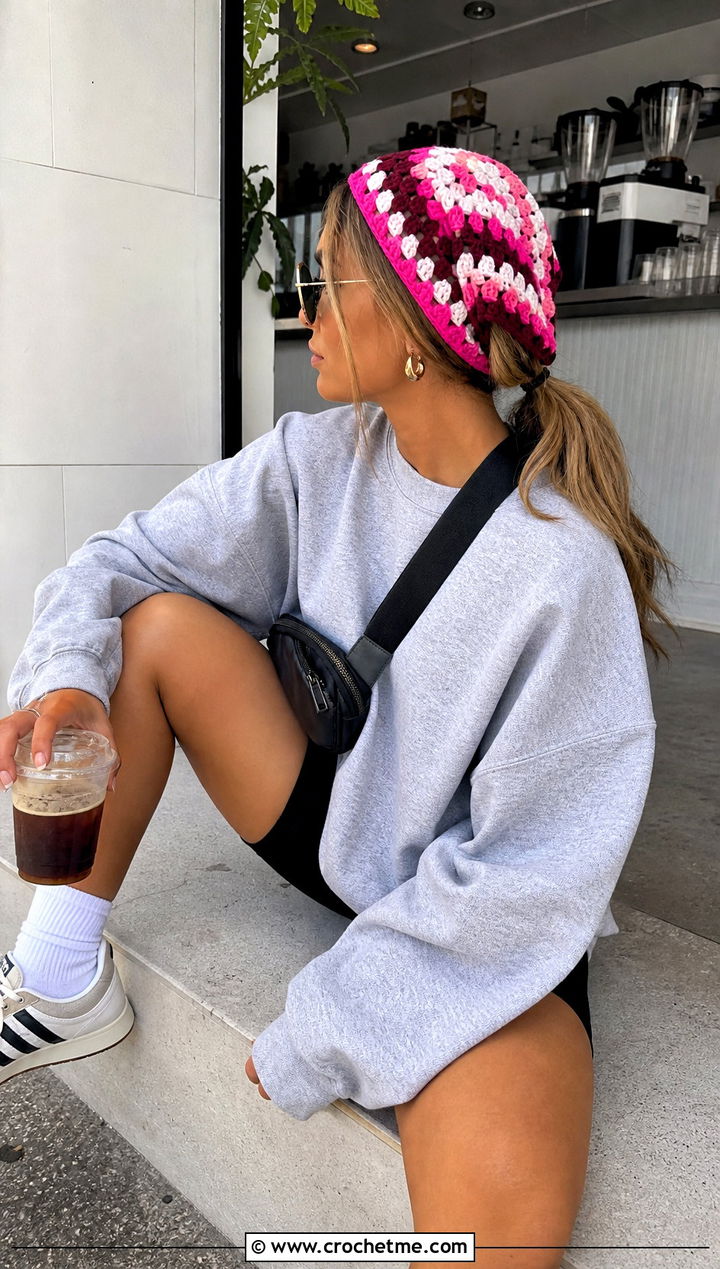 Color Block Crochet Triangle Hair Scarf With Sweatshirt And Bike Shorts - 25 crochet triangle hair scarf outfit ideas