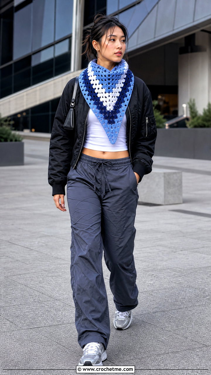 Color Block Crochet Triangle Scarf With Bomber Jacket And Parachute Pants - 35 crochet triangle scarf outfit ideas