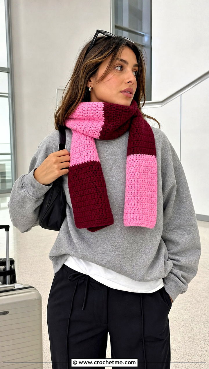Color Block Crochet Tube Scarf With Sweatshirt - 20 Crochet Tube Scarf outfit ideas