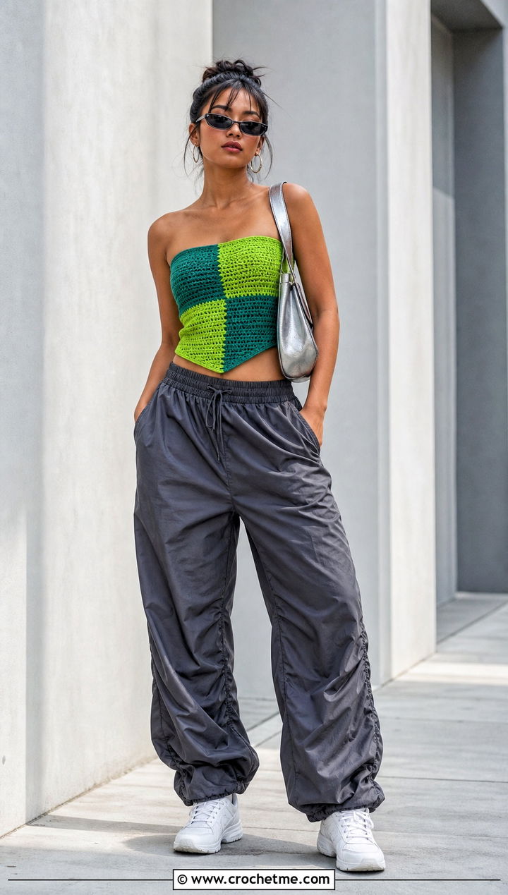 Color Block Crochet Tube Top With Parachute Pants - 25 Easy Crochet Tube Top outfit ideas