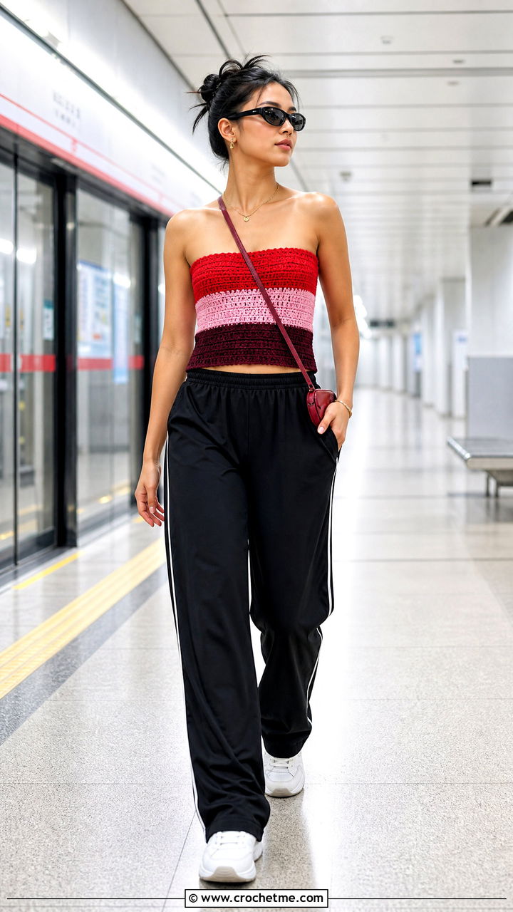 Color Block Crochet Tube Top With Track Pants - 35 crochet tube top outfit ideas