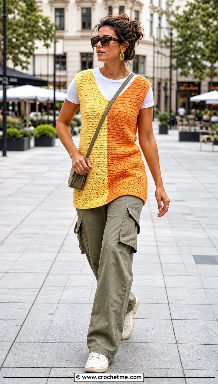 Color Block Crochet Tunic With Cargo Pants - 15 crochet tunic ideas