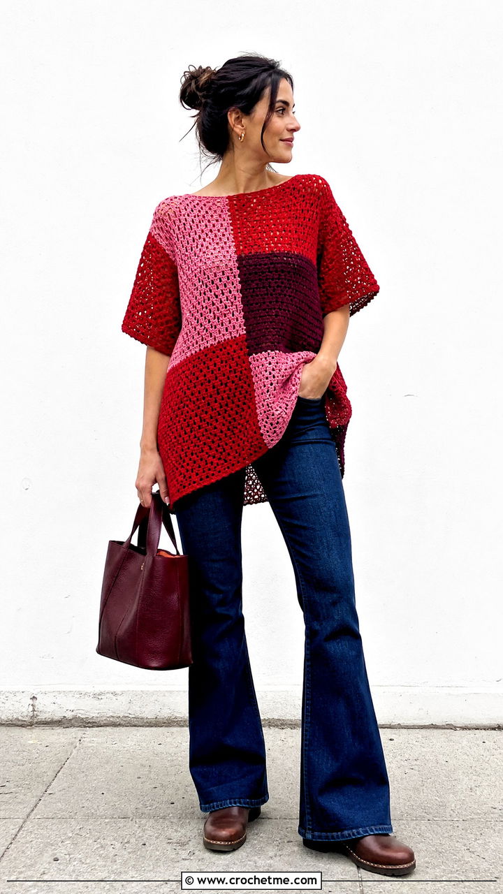 Color Block Crochet Tunic With Dark Denim - 35 crochet tunic outfit ideas