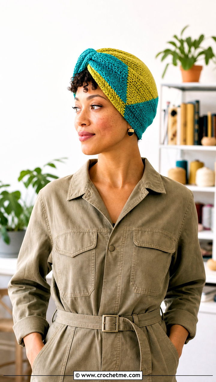 Color Block Crochet Turban Hat With Utility Jumpsuit - 35 crochet turban hat outfit ideas