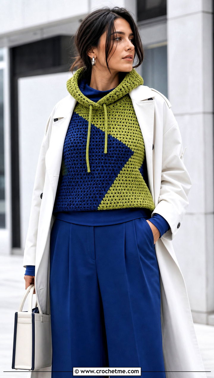 Color Block Crochet Turtle Neck Hoodie With Monochrome Outfit - 30 crochet turtle neck hoodie outfit ideas