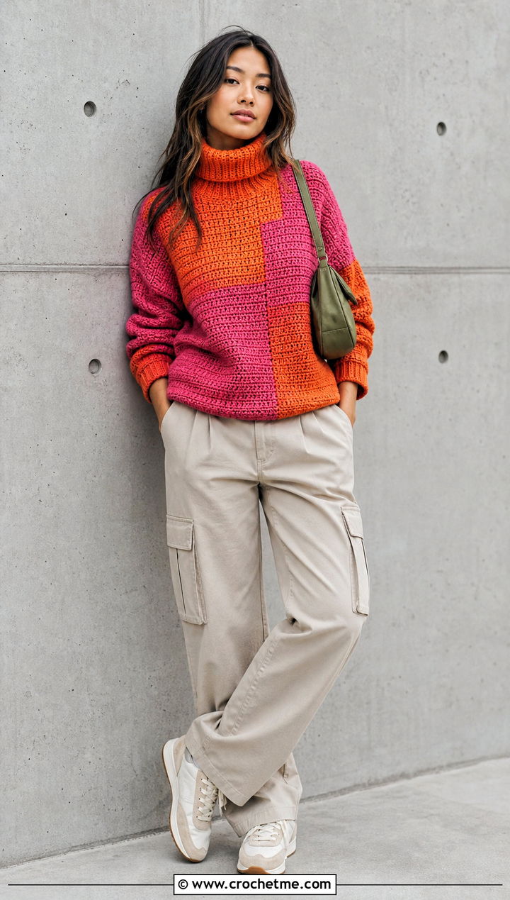 Color Block Crochet Turtle Neck Sweater With Cargo Pants - 35 crochet turtle neck sweater outfit ideas