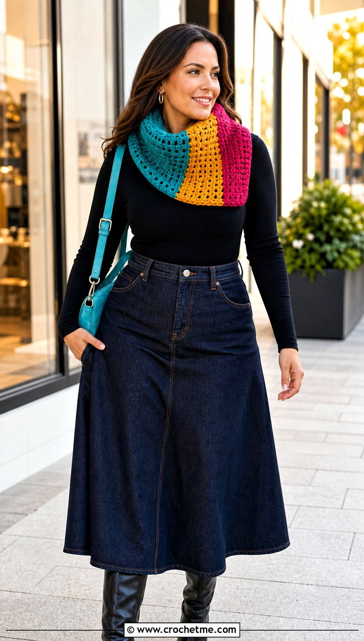 Color Block Crochet Turtleneck Cowl With Denim Skirt - 25 Crochet Turtleneck Cowl outfit ideas