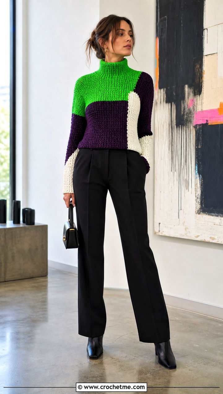 Color Block Crochet Turtleneck Top With Black Trousers - 30 crochet turtleneck top outfit ideas