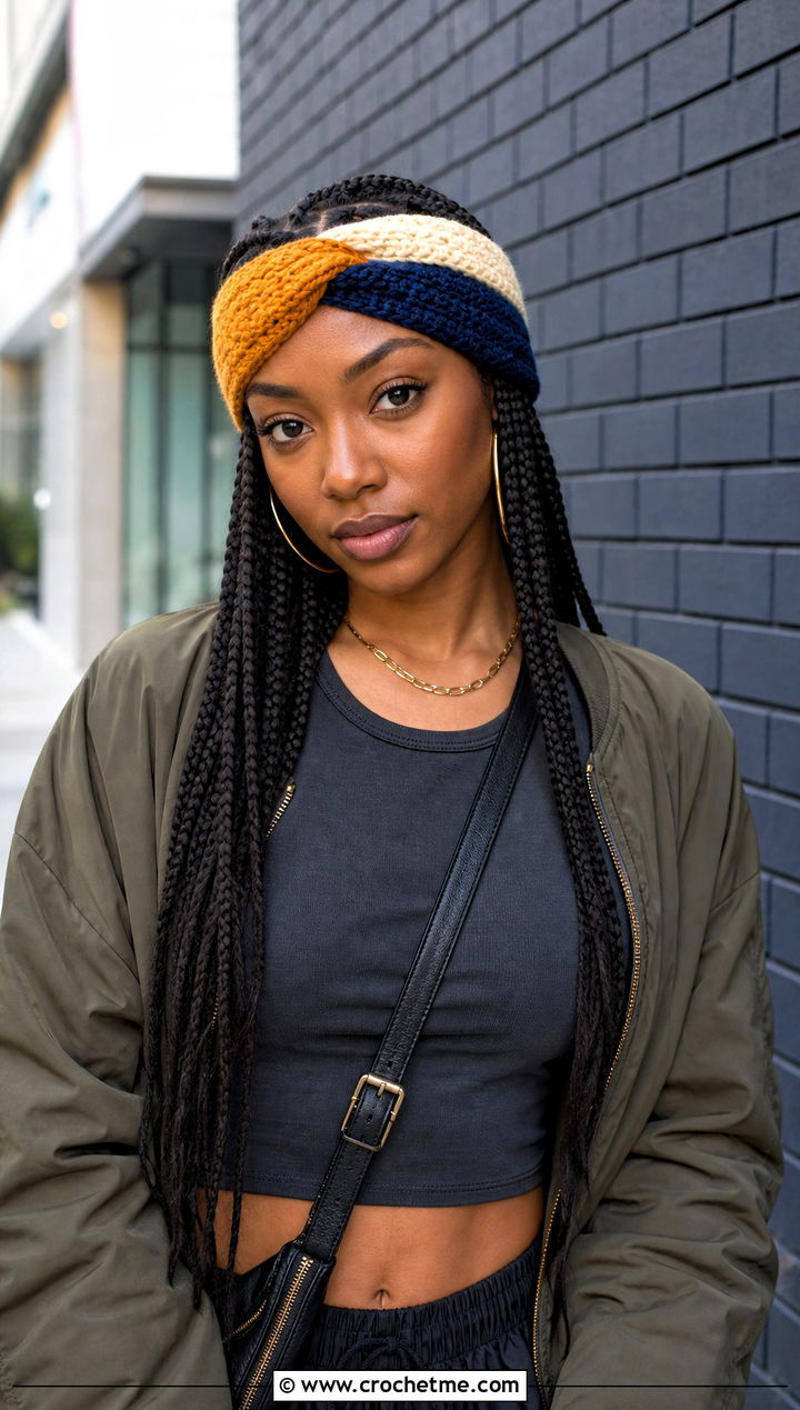 Color Block Crochet Twist Headband With Cargo Pants - 30 crochet twist headband outfit ideas