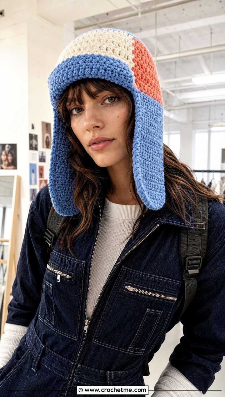 Color Block Crochet Ushanka Hat With Utility Jumpsuit - 30 crochet ushanka hat outfit ideas