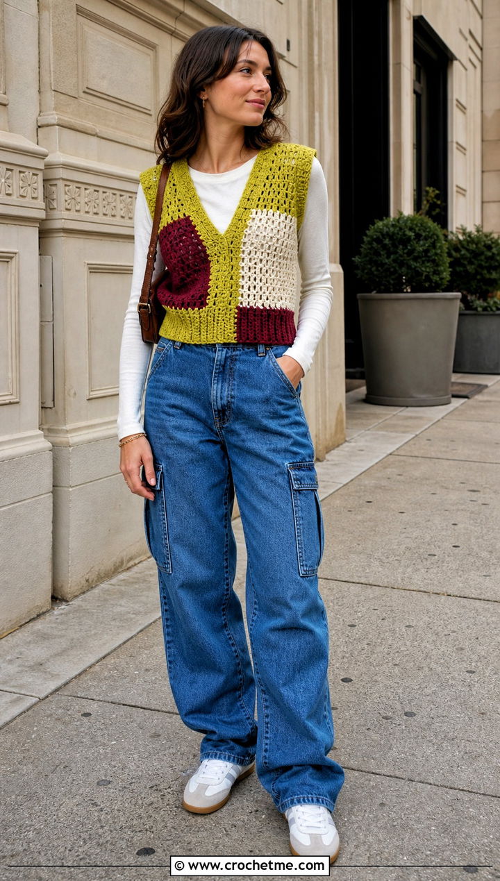 Color Block Crochet V Neck Sweater Vest With Cargo Jeans - 25 crochet v neck sweater vest outfit ideas