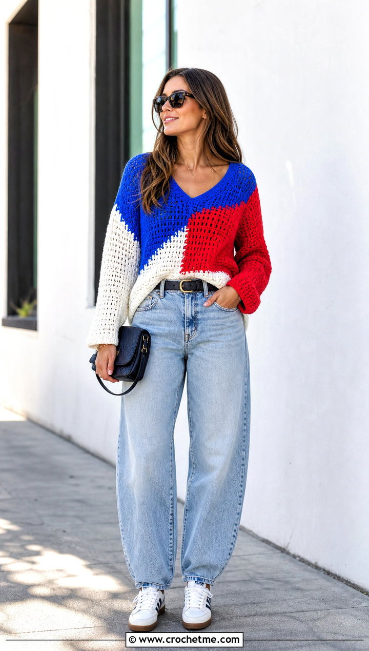Color Block Crochet V Neck Sweater With Barrel Jeans - 25 Crochet Vneck Sweater outfit ideas