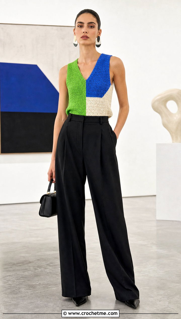 Color Block Crochet V Neck Tank Top With Black Trousers - 25 crochet v neck tank top outfit ideas
