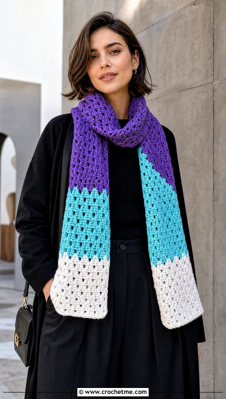 Color Block Crochet V Stitch Scarf With Monochrome Outfit - 30 crochet v stitch scarf outfit ideas